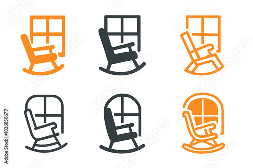Rocking Chair Logos. Rocking chair by the window. Icon set. Set Logo of rocking chair: cozy reading chair by window. harmonious logo variations of the same