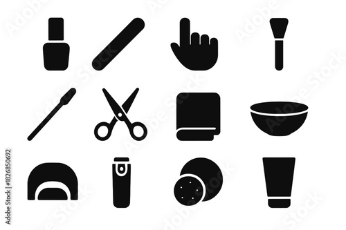 Home Manicure Icons. Doing a manicure at home. Solid icon set of doing a manicure at home: nail polish bottle, nail file, hand, brush, cuticle