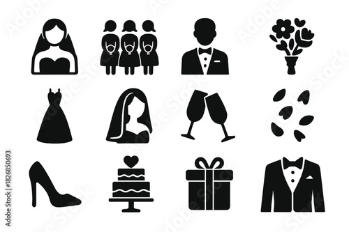 Wedding Icon Set. Wedding celebration. Solid icon set of Wedding celebration: bride, bridesmaids, groom, bouquet, wedding dress, veil, champagne glasses,