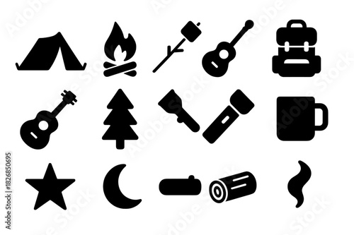 Camping Icon Set. Family Camping. Solid icon set of Family Camping: tent, campfire, marshmallow stick, backpack, guitar, tree, flashlight, mug, star, moon,