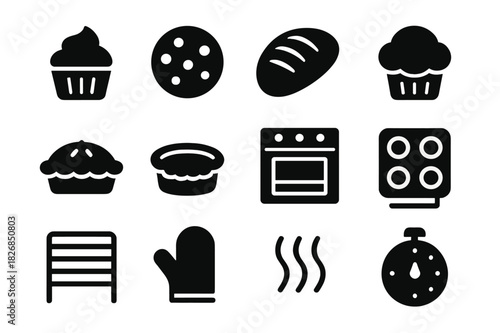 Baked Treats Icons. Baked treats. Solid icon set of Baked treats: cupcake, cookie, bread, muffin, pie, tart, oven, baking tray, rack, oven mitt, heat waves,