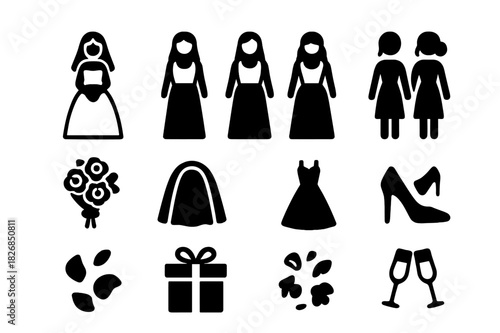 Bridesmaids Icon Set. Bridesmaids gathering. Solid icon set of Bridesmaids gathering: bride, bridesmaid , bridesmaid , bridesmaid , bridesmaid , bouquet, veil,