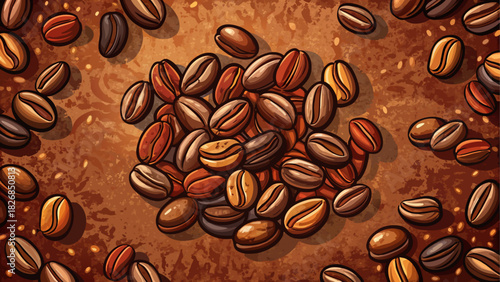 Rich roasted coffee beans scattered on a textured dark surface, creating a warm aromatic backdrop ideal for café branding, packaging, and product advertising