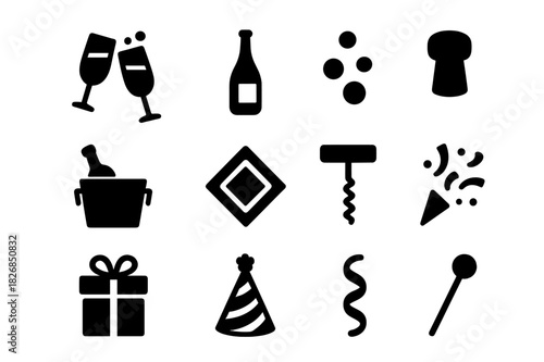 Toast Icon Collection. Toast celebration. Solid icon set of Toast celebration: champagne glass, bottle, bubbles, cork, ice bucket, cocktail napkin, wine