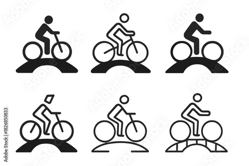 Bicycle Logo Variations. Person on bicycle. Icon set. Set Logo of person on bicycle: bike rider crossing bridge silhouette. harmonious logo variations of the