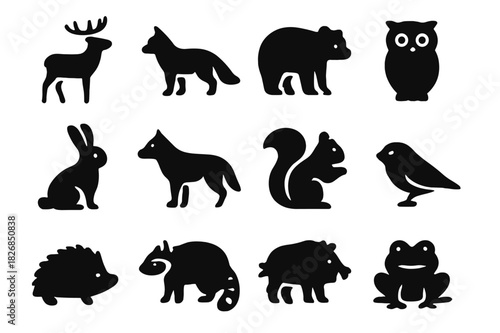 Forest Animals Icons. Forest animals. Solid icon set of forest animals: deer, fox, bear, owl, rabbit, wolf, squirrel, bird, hedgehog, raccoon, boar, frog.