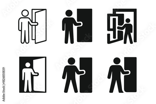 Doorway Logo Variations. holding the door open. Icon set. Set Logo of holding the door open: open doorway. harmonious logo variations of the same emblematic