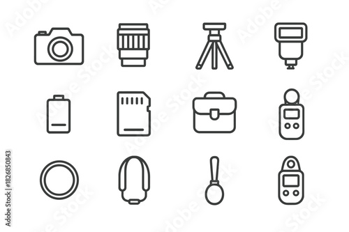 Photography Equipment Icons. Photography Gear. Line icon set of Photography Gear: camera, lens, tripod, flash, battery, memory card, bag, remote shutter,