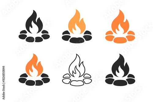 Campfire Logo Set. Campfire. Icon set. Set Logo of campfire: Circular fire pit with stones. harmonious logo variations of the same emblematic concept, each