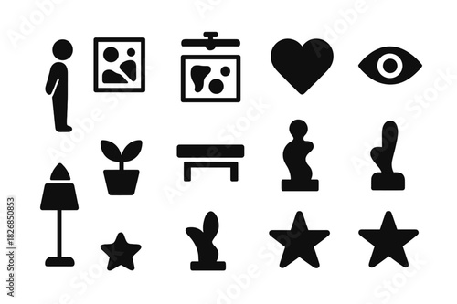 Gallery Icons Collection. A gallery visitor admiring modern abstract art on the wall. Solid icon set of a gallery visitor admiring modern abstract art on the