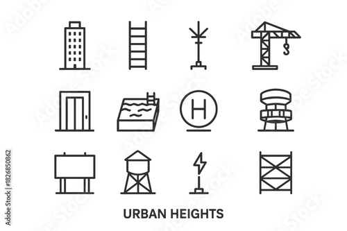 Urban Icons Set. Urban lifestyle. Solid icon set of urban lifestyle: skyscraper, subway, bicycle, street light, coffee cup, office building, park bench,