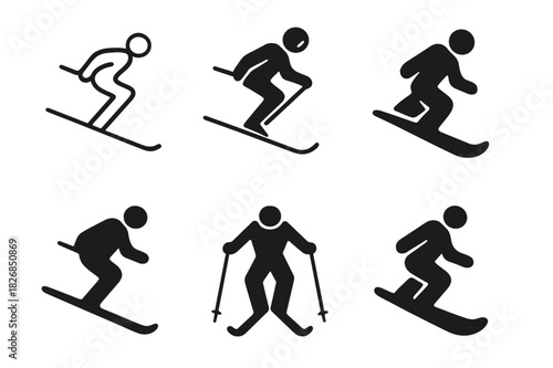 Ski Emblem Icons. Skiing or snowboarding down a snowy mountain slope. Icon set. Set Logo of skier silhouette cluster. harmonious logo variations of the same