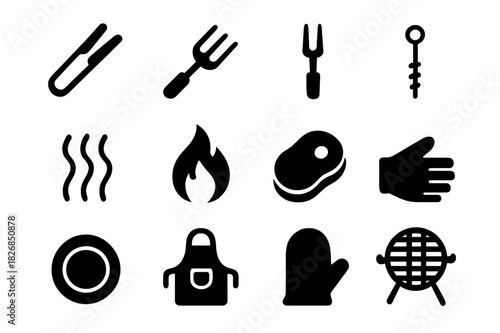 Grilling Icons Set. Grilling accessories. Solid icon set of Grilling accessories: barbecue tongs, grill fork, spatula, skewer, heat waves, flame, meat icon,