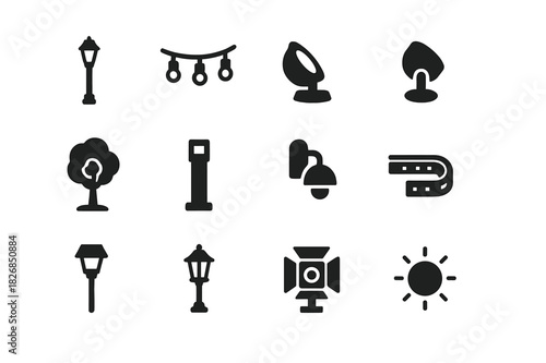 Lighting Design Icons. Lighting design. Solid icon set of Lighting design: lamppost, string lights, ground spotlight, up-light, tree light, bollard light, wall