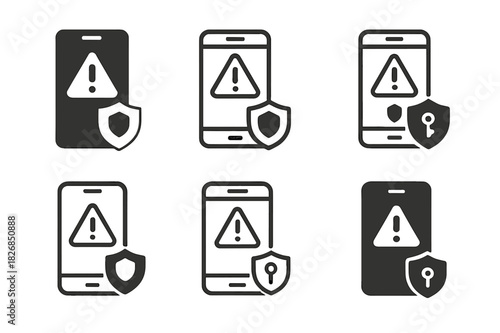 Mobile Banking Security Icons. Mobile banking security. Icon set. Set Logo of mobile banking security: security alert on mobile. harmonious logo variations of