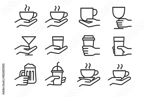 Hands Holding Drinks Icons. Hands Holding Drinks. Line icon set of Hands Holding Drinks: hand holding coffee cup, hand holding tea cup, hand holding mug, hand