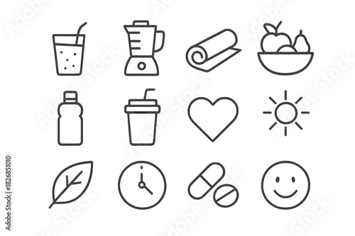 Smoothie Lifestyle Icons. Smoothie lifestyle. Line icon set of smoothie lifestyle: morning smoothie, blender, yoga mat, fruit bowl, water bottle, straw cup,