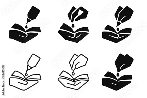 Book Binding Logos. Book binding. Icon set. Set Logo of book binding: hand holding book pages being glued. harmonious logo variations of the same emblematic