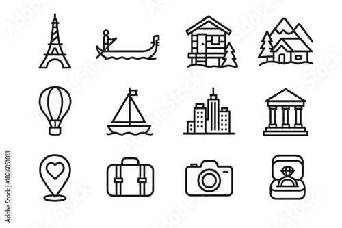 Romantic Icons Collection. Romantic destinations. Line icon set of romantic destinations: Eiffel Tower, gondola, beach hut, mountain cabin, hot air balloon,
