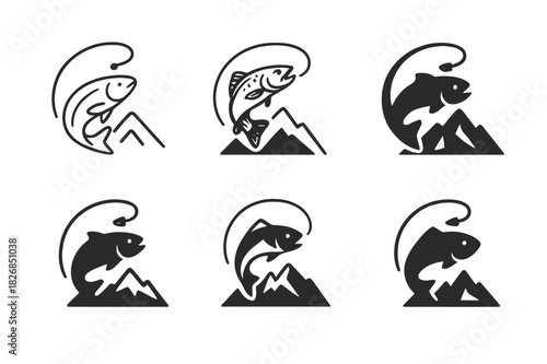 Mountain Logo Icons. Fly fishing and outdoor adventure. Icon set. Set Logo of mountain peak. harmonious logo variations of the same emblematic concept (Minimal