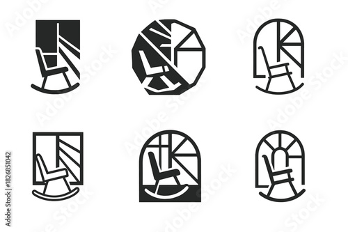 Rocking Chair Logos. Rocking chair by the window. Icon set. Set Logo of rocking chair: rocking chair with sunbeam. harmonious logo variations of the same