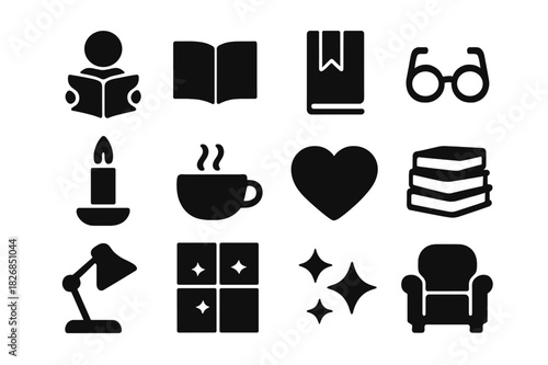 Book Lover Icons. Book Lover. Solid icon set of Book Lover: person holding book, open pages, bookmark, glasses, candle, coffee cup, heart, stack of books,
