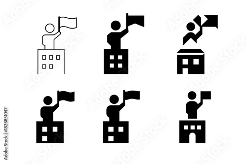 Rooftop Activist Logos. Activist on rooftop. Icon set. Set Logo of activist on rooftop: Person holding flag on building. harmonious logo variations of the same