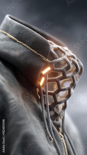 Close-up of Modern Hoodie Design featuring Glowing LEDs Embedded in Fabric. Artistic Apparel with Intricate Details and Futuristic Aesthetic.
