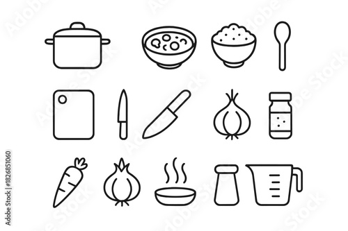 Vegetable Curry Icon Set. Preparing a homemade vegetable curry with rice. Line icon set of Preparing a homemade vegetable curry with rice: cooking pot, curry