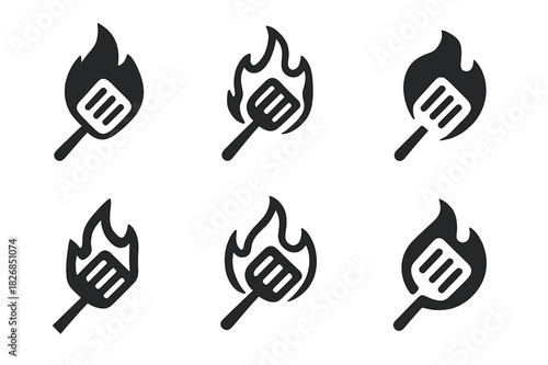 Grilling Icon Set. Grilling food. Icon set. Set Logo of grilling food: flame and cooking spatula. harmonious logo variations of the same emblematic concept,