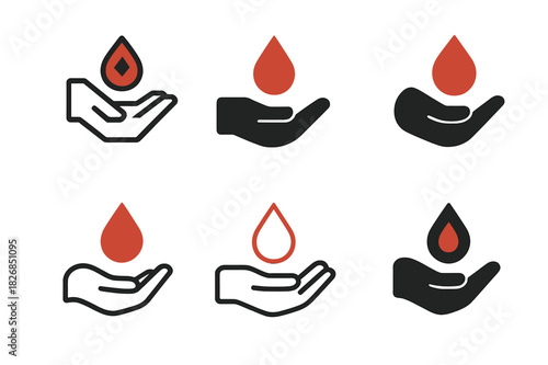 First Aid Logos. First aid training courses. Icon set. Set Logo of first aid: hand with drop of blood icon. harmonious logo variations of the same emblematic
