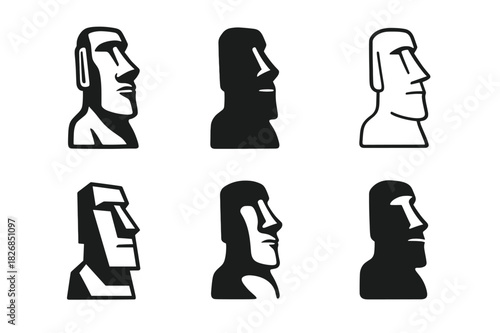 Easter Island Icons. Famous archeological discoveries and their significance. Icon set. Set Logo of Easter Island Moai: monumental stone heads facing horizon.