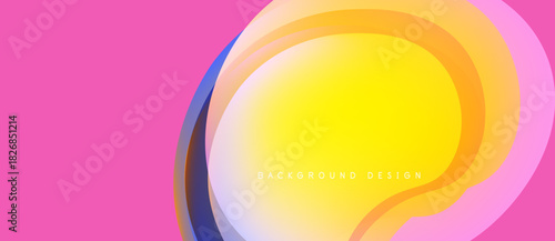 Abstract design features vibrant pink, yellow, blue layers. Smooth gradients create flowing, modern aesthetic. Text reads background design.