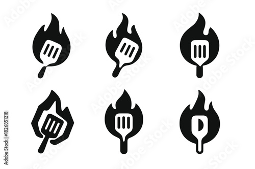 Grilling Icon Set. Grilling food. Icon set. Set Logo of grilling food: flame and cooking spatula. harmonious logo variations of the same emblematic concept,