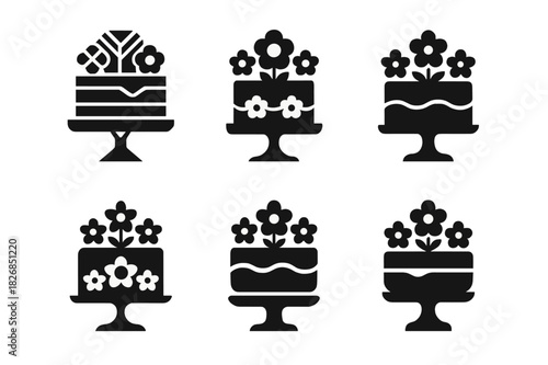 Flower-Infused Culinary Logos. Cooking with edible flowers. Icon set. Set Logo of cooking with edible flowers: cake decorated with flowers. harmonious logo