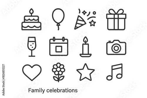 Family Celebration Icons. Family Celebration Icons. Line icon set of Family Celebration Icons: gift box, cake, balloons, dining table, parents, children,