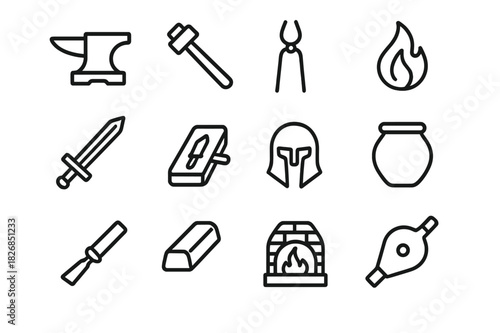 Ancient Forging Icons. Ancient forging. Line icon set of ancient forging: anvil, hammer, tongs, flame, sword, mold, helmet, pot, chisel, bronze bar, furnace,