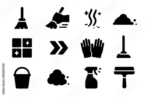 Cleaning Icons Grid. Cleaning motion. Solid icon set of Cleaning motion: broom, hand holding broom, sweeping lines, dust pile, floor surface, motion arrows,