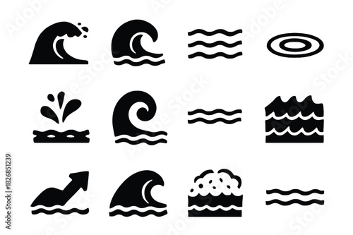 Ocean Wave Icons. Ocean waves. Solid icon set of Ocean waves: breaking wave, rolling wave, tide icon, ripple, splash, curl, calm water, rough sea, wave arrow,