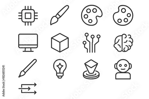 Art and Tech Icons. Art and technology. Line icon set of art and technology: computer chip, paintbrush, palette, monitor, 3D cube, circuit lines, stylus,