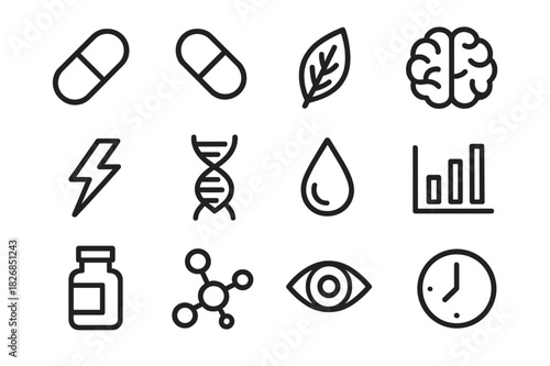 Nootropics Icon Set. Nootropics. Line icon set of nootropics: pill, capsule, leaf, brain, lightning bolt, DNA strand, water droplet, chart, bottle, molecule,