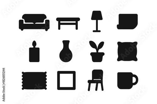 Living Room Icons. Living room relaxation. Solid icon set of living room relaxation: couch, coffee mug, lamp, plant, book, blanket, slippers, person, dog, cat,