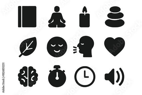 Stress Management Icons. Stress management tools. Solid icon set of Stress management tools: journal, meditation pose, candle, zen stones, nature leaf, calm
