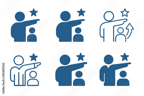Mentorship Logo Variations. Mentor offering advice. Icon set. Set Logo of mentorship: mentor pointing to goal. harmonious logo variations of the same