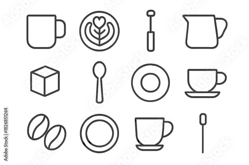 Coffee Icon Set. Coffee lifestyle. Line icon set of Coffee lifestyle: coffee mug, latte art, frother, milk jug, sugar cube, spoon, saucer, espresso cup,