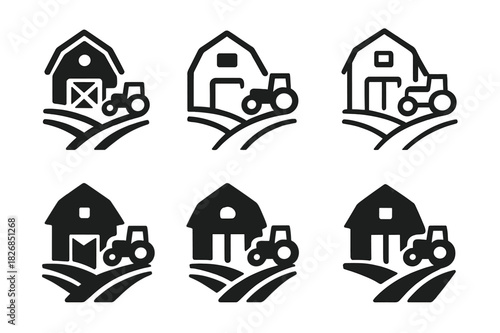 Smallholder Farming Icons. smallholder farming. Icon set. Set Logo of smallholder farming: barn and tractor silhouette. harmonious logo variations of the same