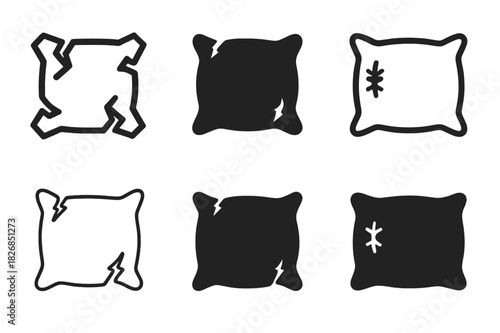 Ragged Pillow Logos. Ragged pillow. Icon set. Set Logo of ragged pillow: worn-out fabric folds. harmonious logo variations of the same emblematic concept, each