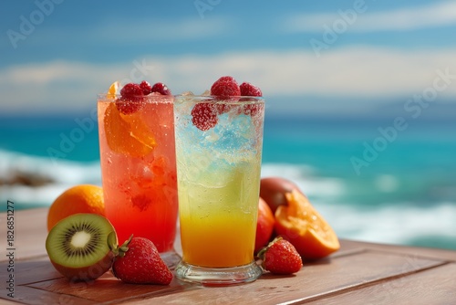 Refreshing Summer Cocktails on a Wooden Table by the Beach During a Sunny Day