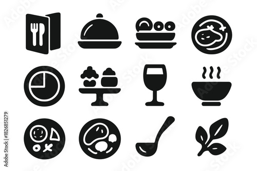 Restaurant Icon Set. Restaurant servings. Solid icon set of Restaurant servings: menu plate, chef platter, side dishes, garnished dish, portioned plate,