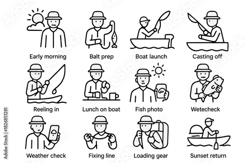 Fisherman's Life Icons. Fisherman's life. Line icon set of fisherman's life: early morning, bait prep, boat launch, casting off, reeling in, lunch on boat,